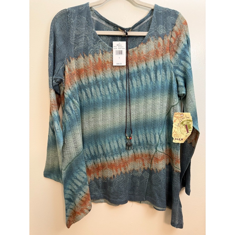 NWT One World Womens Large Sweater Aztec Colors Attached Necklace Pullover